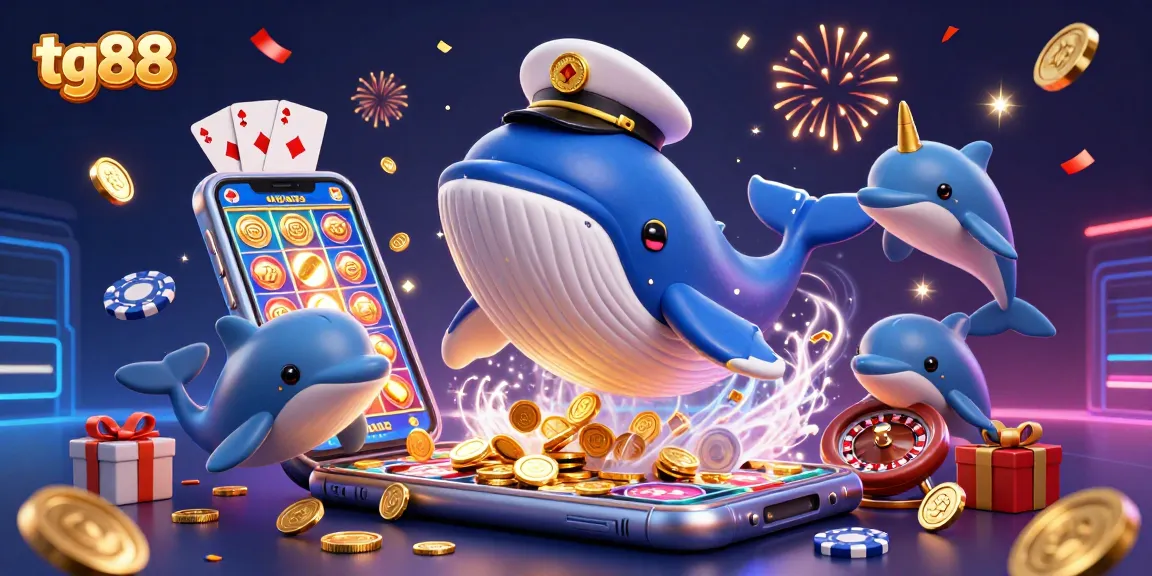 Experience thrilling wins with tg88 as a cartoon whale leaps through coins alongside a playful narwhal and dolphins.