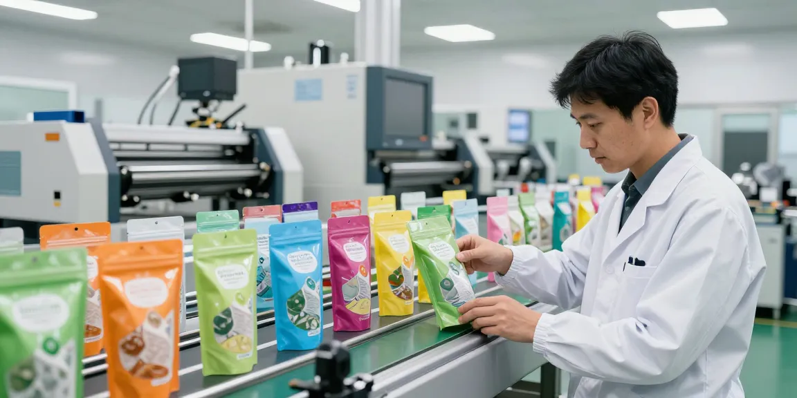 Technician inspecting stand up pouch in modern packaging factory showcasing vibrant colors and advanced technology.