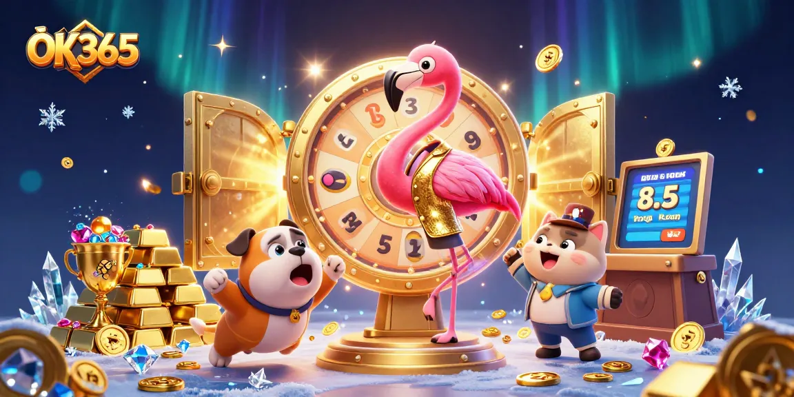 Engage with thrilling moments at OK365 as a flamingo host spins a golden prize wheel in a vibrant casino scene.