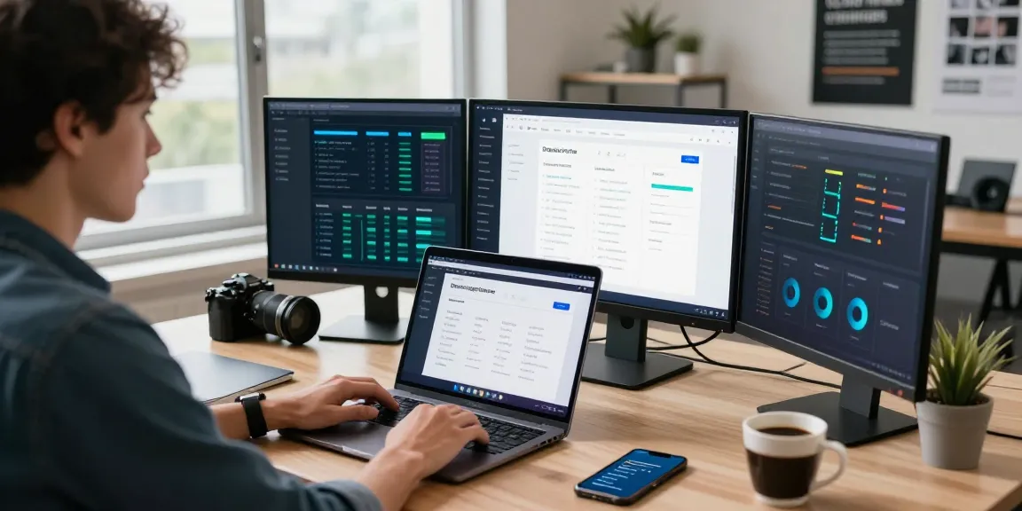 Focused individual on domain registration task, showcasing registro de dominios in a modern tech workspace with multiple screens.