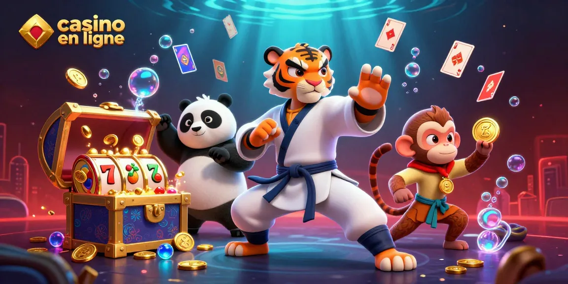 Casino en ligne : Illustration vibrante d'un tigre en arts martiaux et ses disciples au casino.