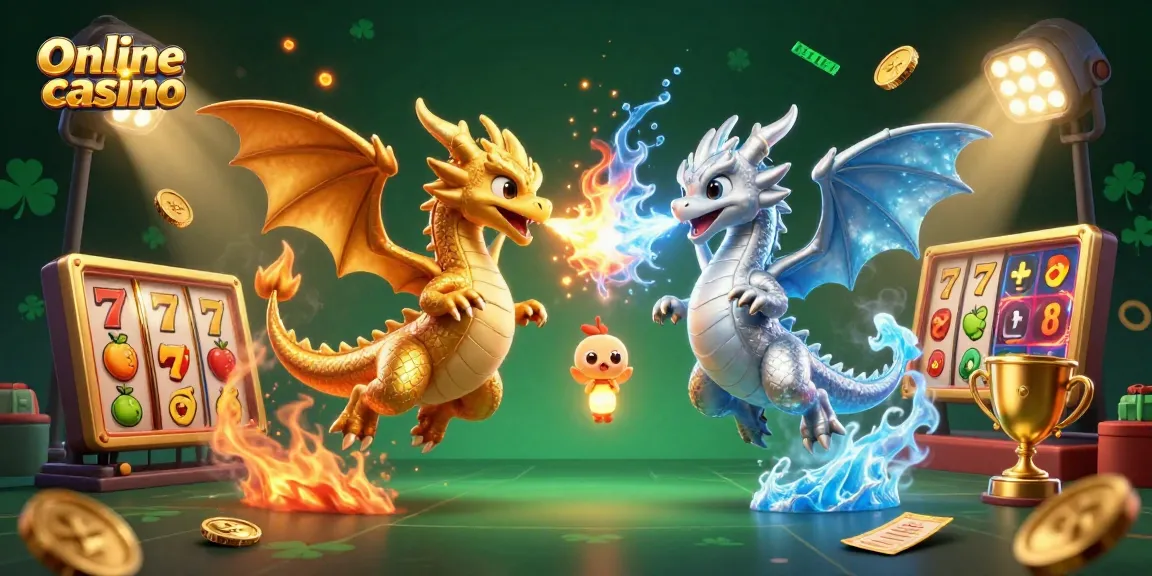 Experience the thrill of an online casino with enchanting twin dragons and vibrant game elements.