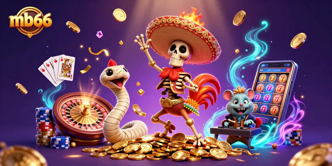 mb66 features a lively 3D casino scene with animated characters celebrating jackpots and wins.
