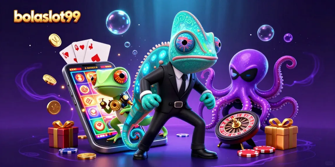 Bolaslot99 showcases slot excitement as a secret agent chameleon and friends spin vibrant reels!