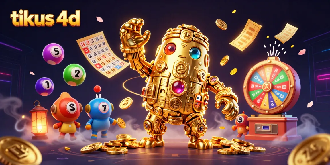 Engage with tikus 4d in a vibrant scene showcasing colorful lottery elements and a golden golem.