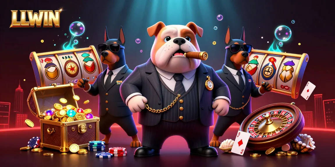Experience LLWIN's thrilling gaming scene with a mafia boss bulldog and bodyguard Dobermans amidst a vibrant casino backdrop.