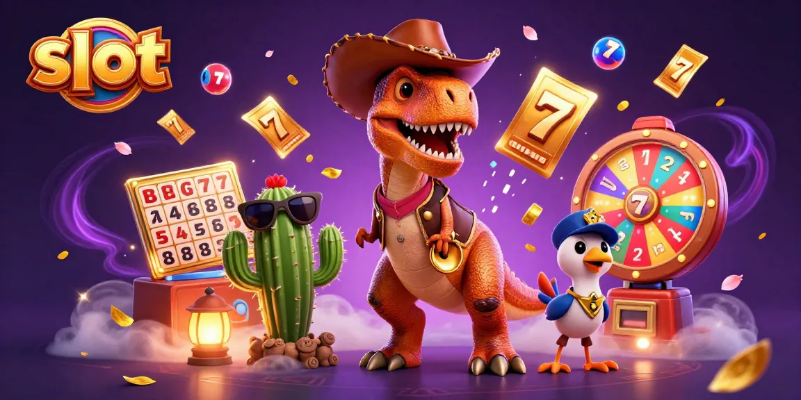 Menangkan slot dengan dinosaur koboi dan karakter menghibur lainnya dalam ilustrasi 3D yang penuh warna.