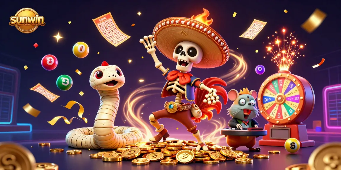 Experience thrilling wins at Sunwin with a lively 3D illustration of cartoon characters celebrating with vibrant casino elements.