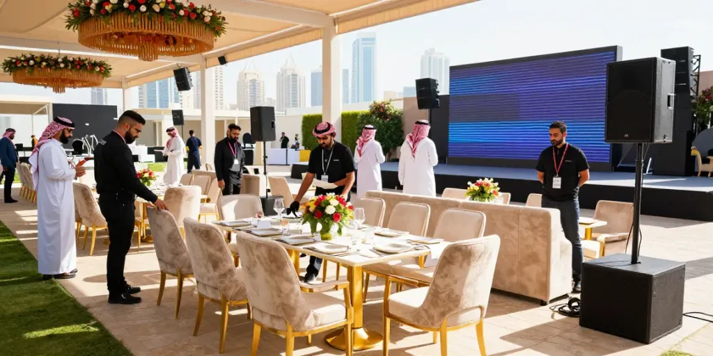 Event rental KSA setup with luxury furniture and AV technology at a corporate event.