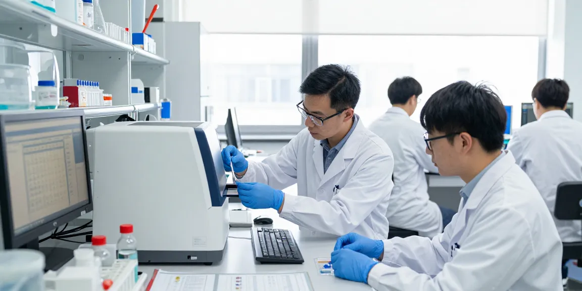 KLOW peptides analyzed in a modern lab, featuring researchers with HPLC equipment.