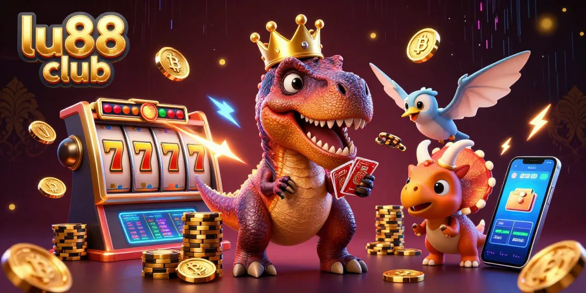 Experience exciting gameplay at lu88 club, featuring cartoon dinosaurs enjoying casino games and winning prizes.