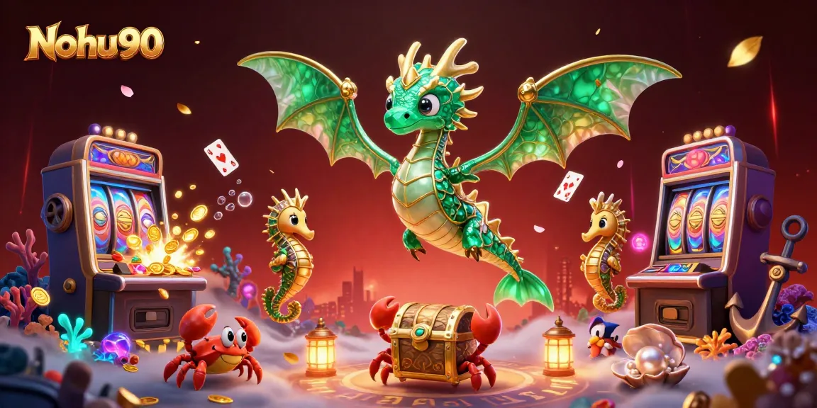 Nohu90 showcases a vibrant underwater scene with a majestic sea dragon and dynamic slot game elements.