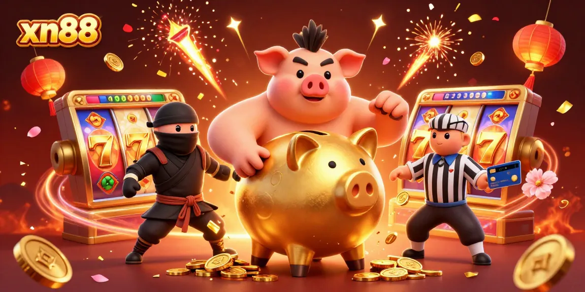 Experience the excitement of xn88 as golden coins fly from a sumo wrestler and a wallet-ninja battles a credit-card samurai in this vibrant casino scene.