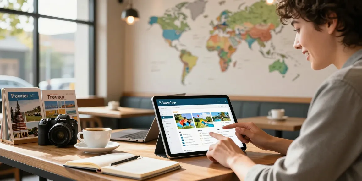 Interactive travel advisor CRM used by a traveler at a modern café, enhancing trip planning experience.