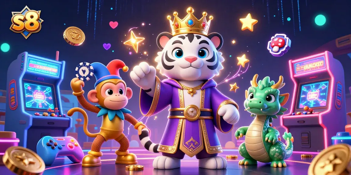 S8 invites players to experience thrilling casino gaming with a unique illustration featuring an elegant white tiger and playful monkey.