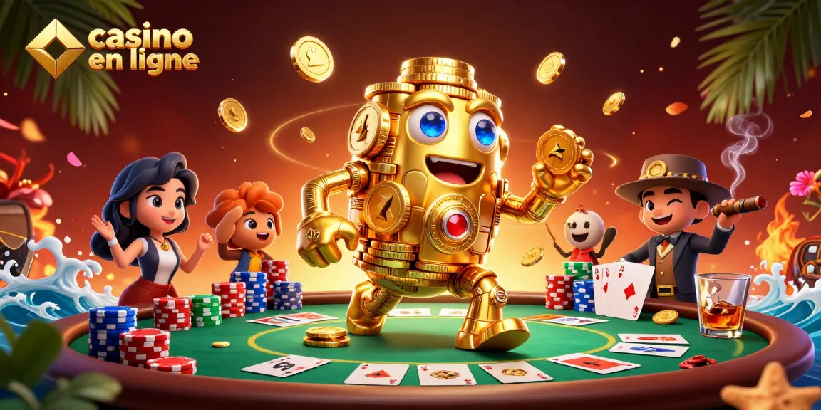Le golem doré dans un casino en ligne avec des pièces de jeu et des cartes à jouer.