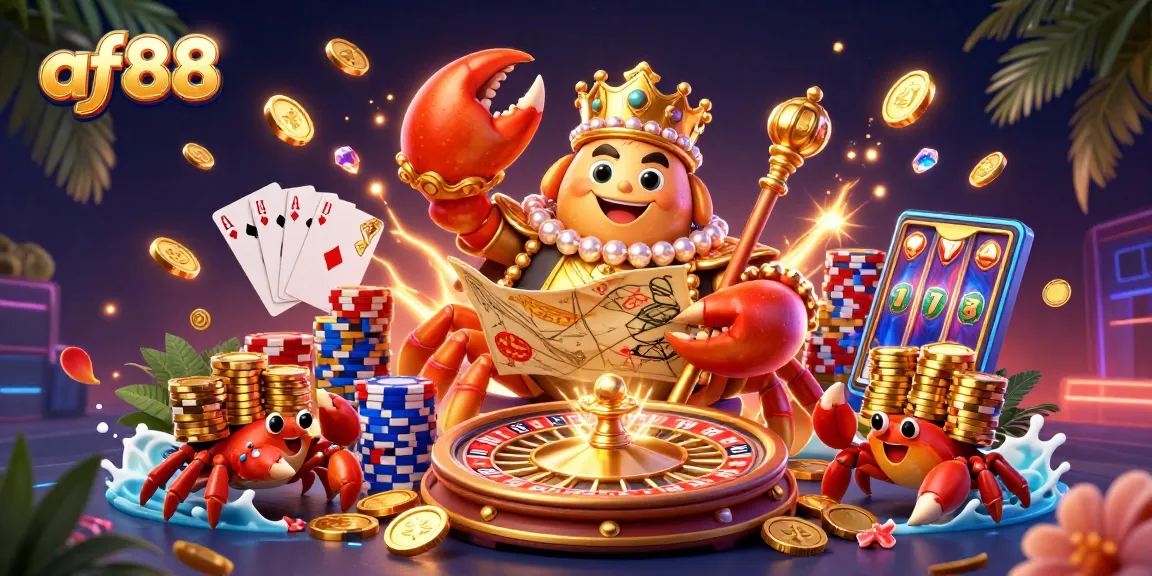 Engage with af88's vibrant gaming world, featuring a golden crab emperor and treasures!