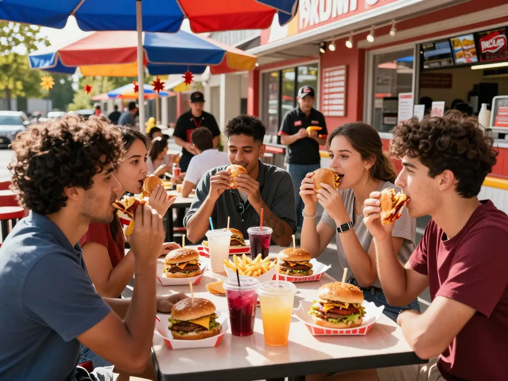 Enjoying fast food prices at a lively outdoor restaurant with friends amidst vibrant decorations.