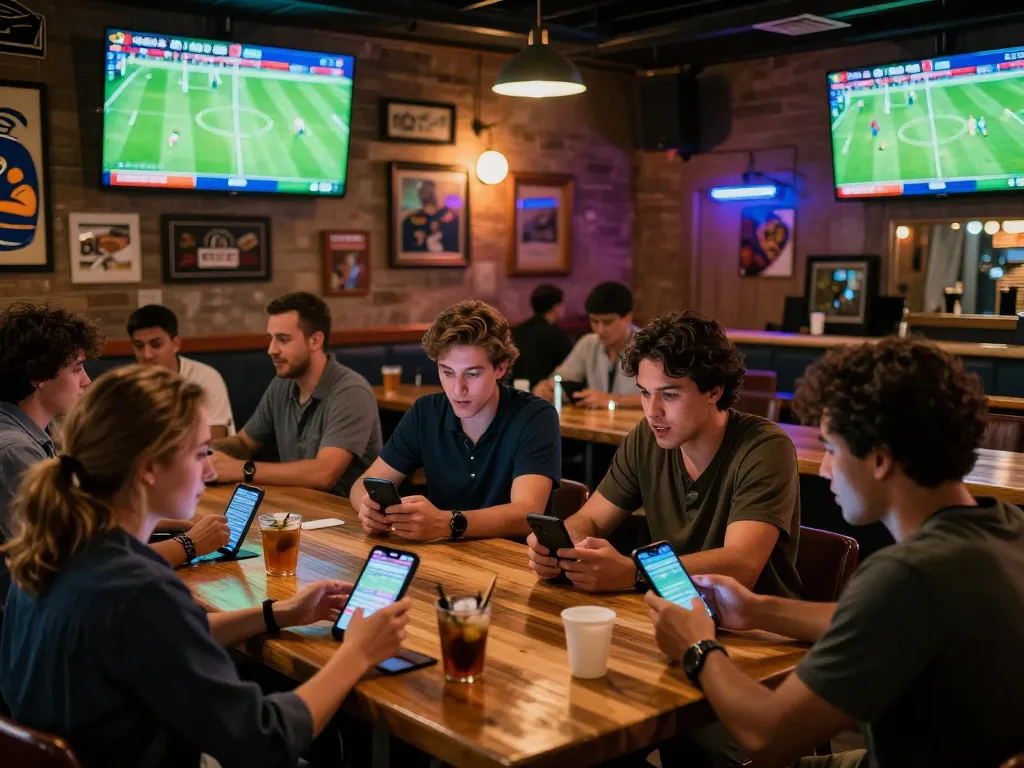 KQBD sports fans cheering while using mobile devices to place bets, lively sports bar atmosphere