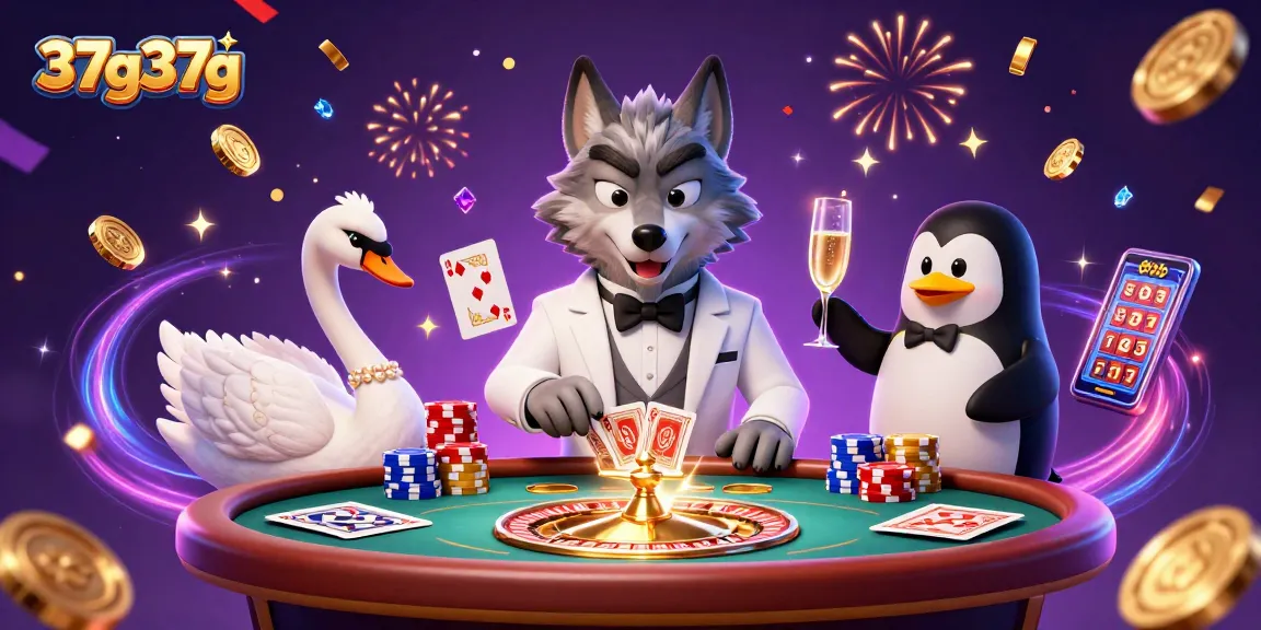 Experience the excitement of 37g37g's casino adventure with a debonair wolf and swan dealer!
