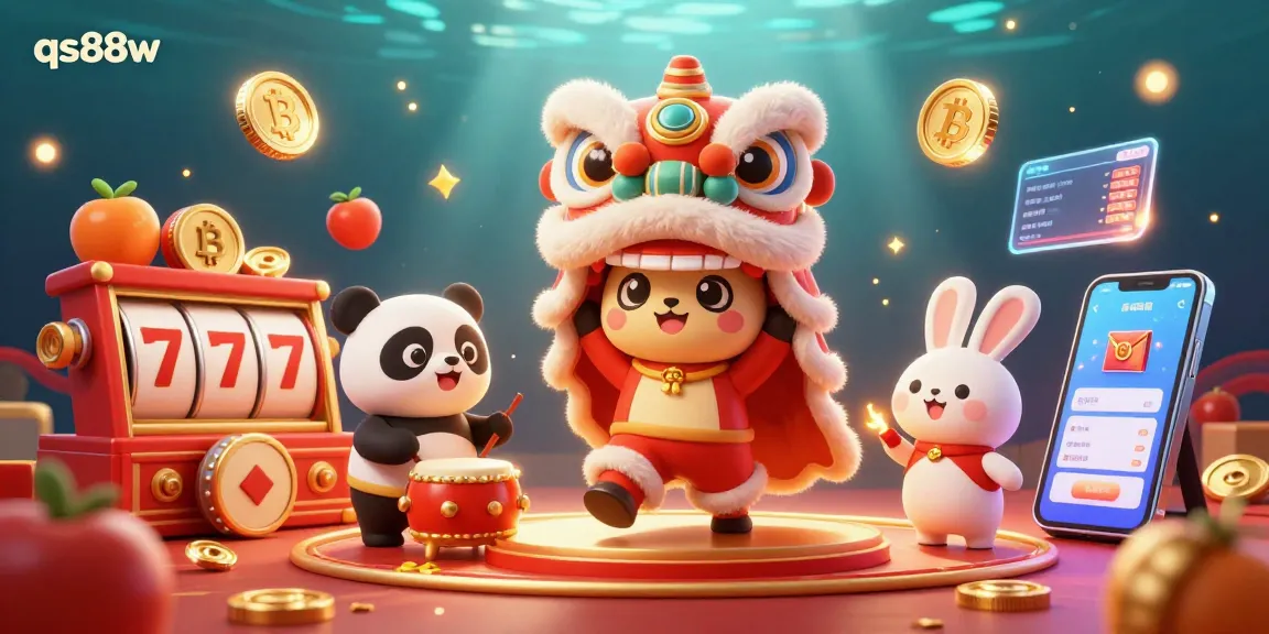 Experience exciting gameplay at qs88w with lively lion dance characters and cryptocurrency elements.