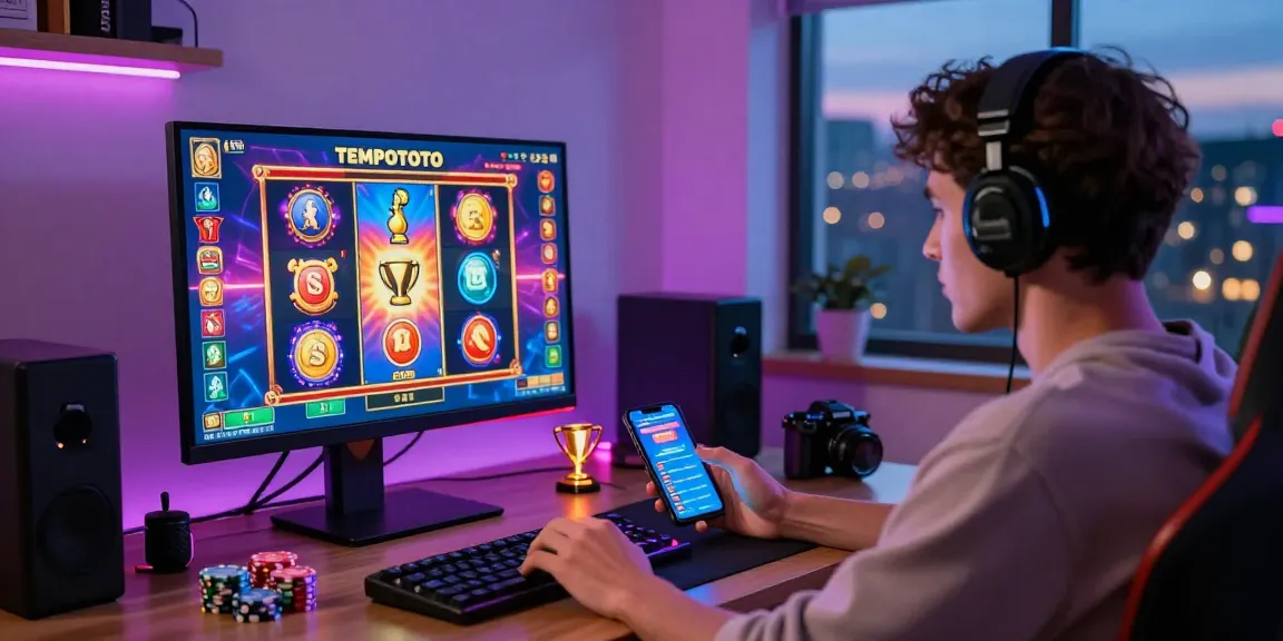 Player engaging in thrilling TEMPOTOTO slot game from a modern home office.