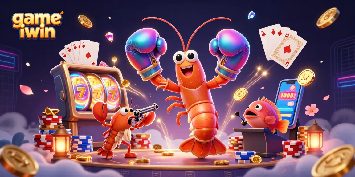 Compete in thrilling slots with game iwin, highlighted by a vibrant, animated gambling scene.