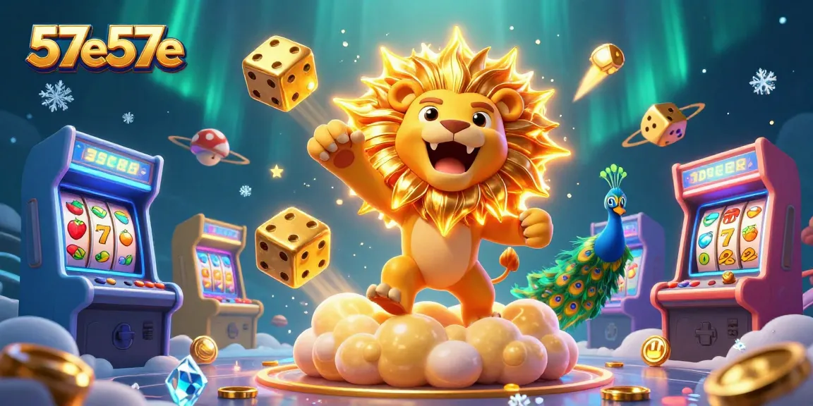Engage with 57e57e: A vibrant scene of a roaring lion surrounded by casino game elements