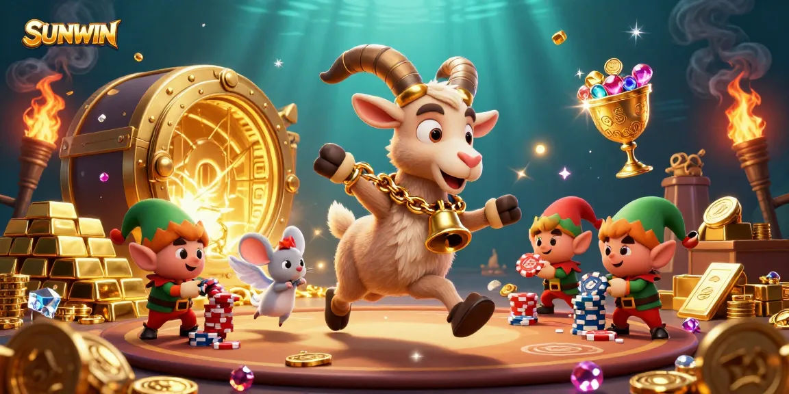 SUNWIN casino brings thrilling gaming with Krampus goat and mischievous elves in a vibrant scene.