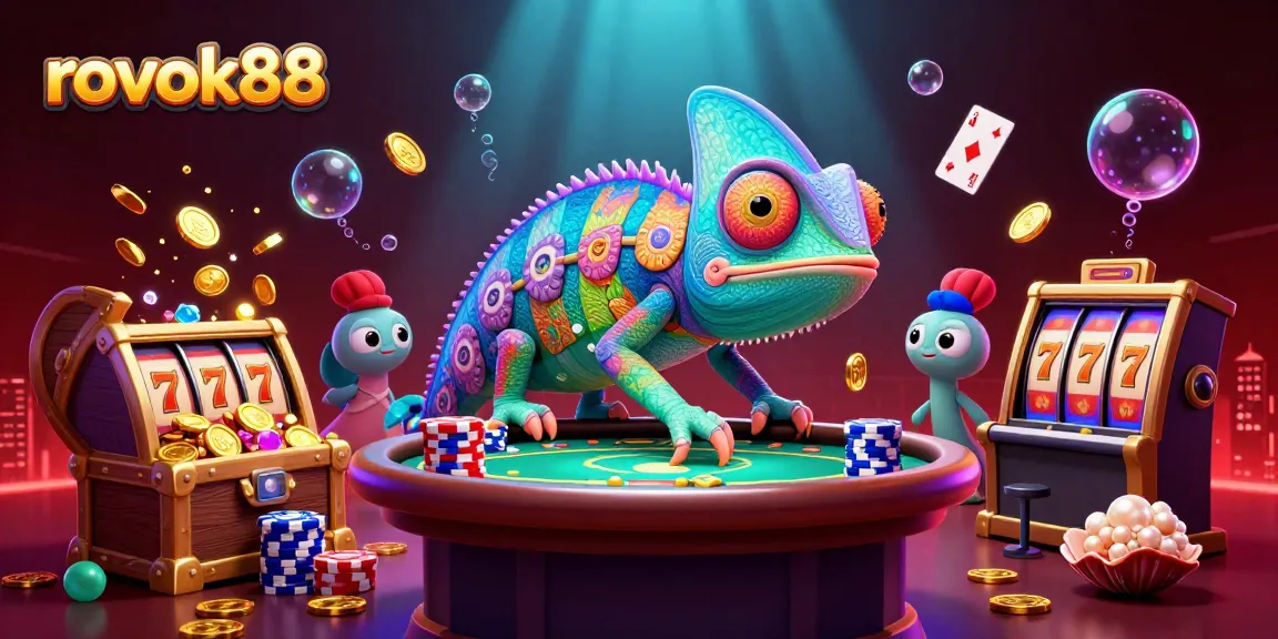 Catch golden coins with rokok88’s vibrant casino environment featuring a colorful chameleon.