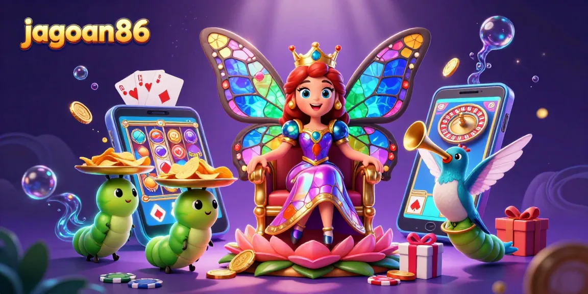 Experience the magic of jagoan86 as colorful slot games and casino elements come alive in a vibrant 3D scene.
