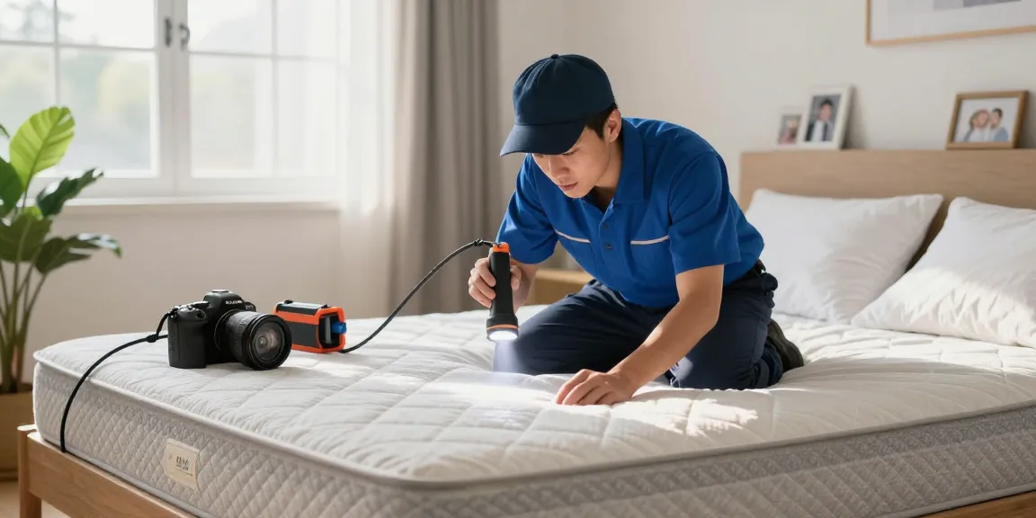 Expert bed bug pest control technician inspecting mattress seams in a cozy bedroom.