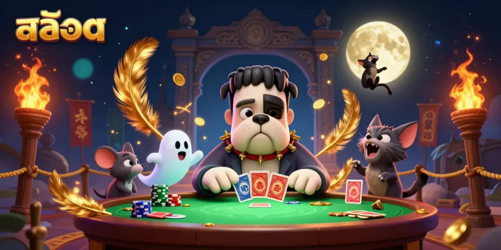 Engage in thrilling สล็อต gameplay with a cartoon bulldog dealer and ghost mouse at a spooky table.