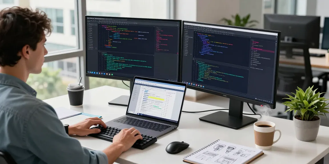 Efficient workspace for 截图软件下载 showcasing coding development with dual monitors and coffee.