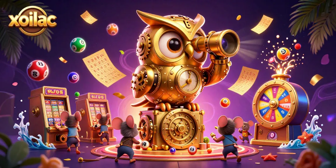 Experience the excitement of xoilac with a golden owl surveying a dynamic casino floor filled with vibrant gaming elements.