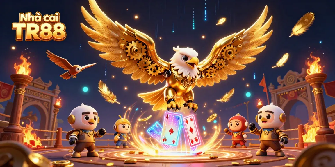 Experience thrilling gameplay with Nhà cái TR88 as a golden eagle dives through holographic cards.