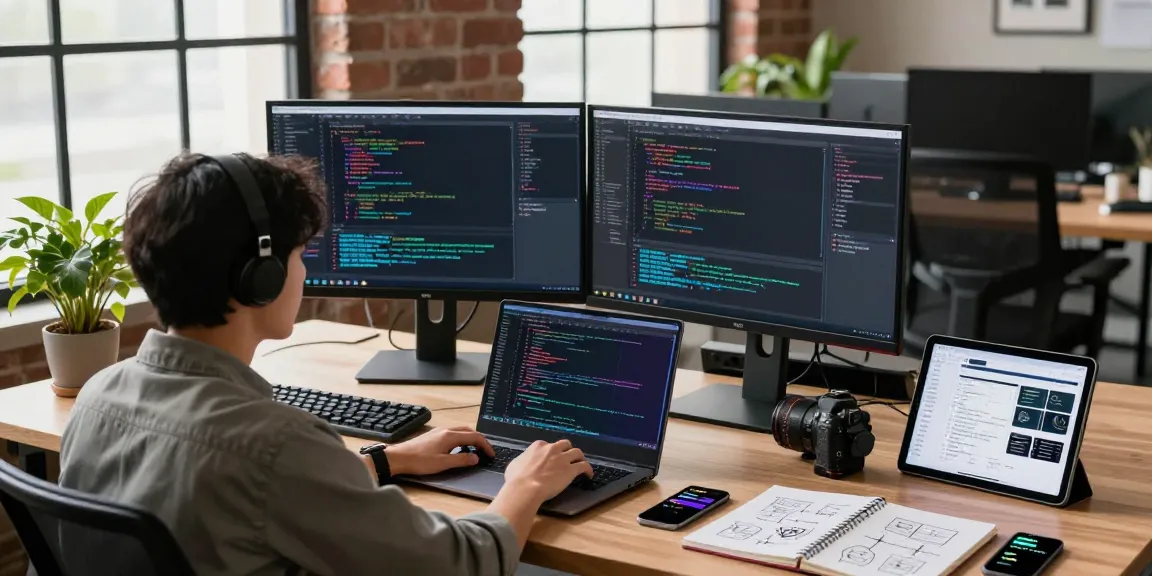 Software developer using jacktoto in an innovative tech workspace, showcasing coding activity on dual monitors.