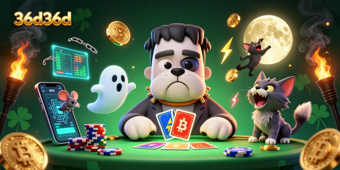 Jogue cartas no cassino 36d36d com um buldogue Frankenstein e um gato lobisomem em cena vibrante.