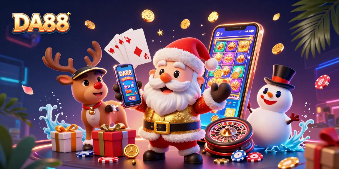 Play DA88 slots with Santa Claus, reindeer, and a poker chip snowman in vibrant casino scene.
