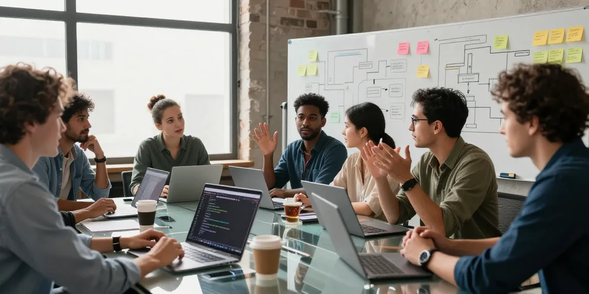 Team collaboration at Romulus Digital focusing on software development solution strategies in a modern workspace.