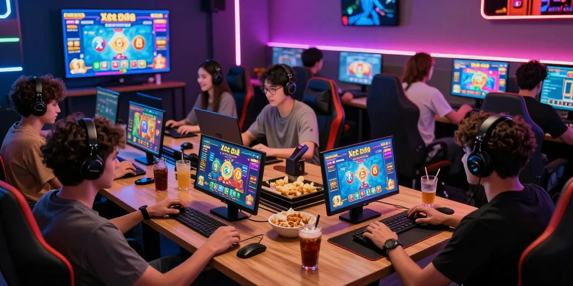 Engaging players enjoying Xóc Đĩa Online at home, capturing excitement and camaraderie with modern gaming devices and vibrant screens, apecthai inspired.
