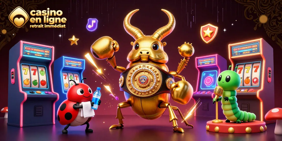 Dans le casino en ligne retrait immédiat, vivez l'action avec un scarabée en ceinture de champion face à des machines à sous colorées.