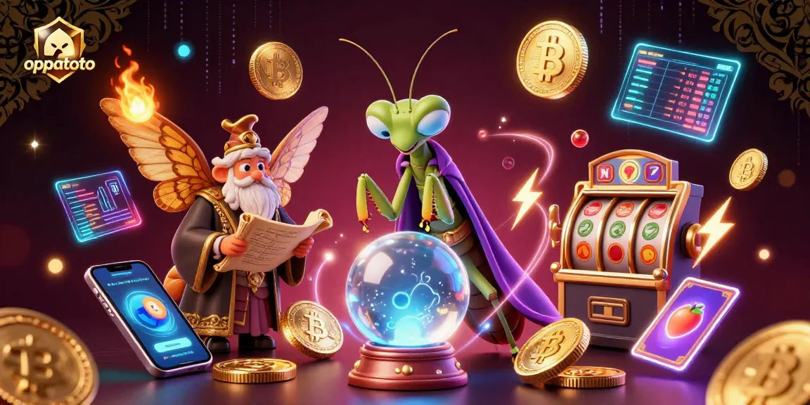 Experience the futuristic oppatoto world with a praying mantis fortune teller and Ethereum coins.
