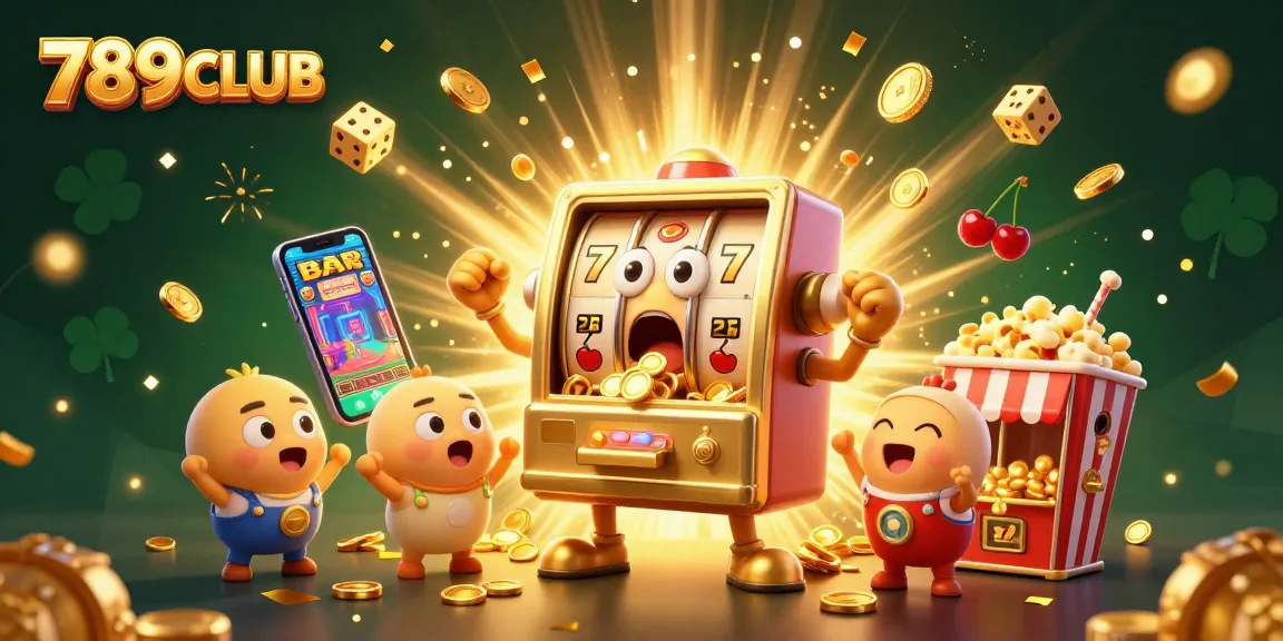Experience winning moments with 789CLUB as the golden slot machine hits a jackpot, showering coins.