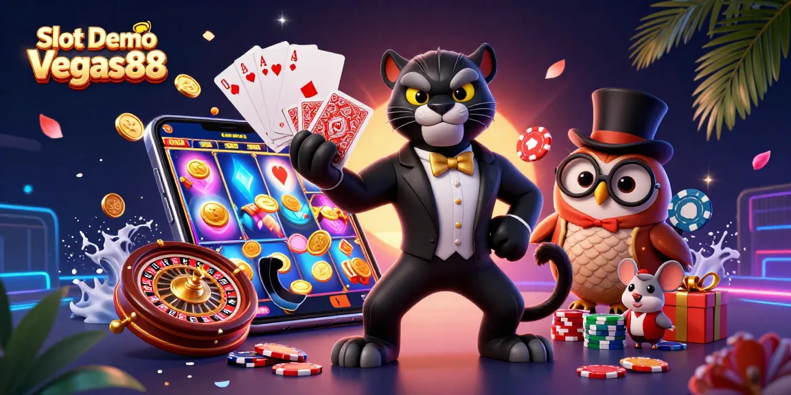 Experience the excitement of Slot Demo Vegas88 with vibrant characters and dynamic casino elements.