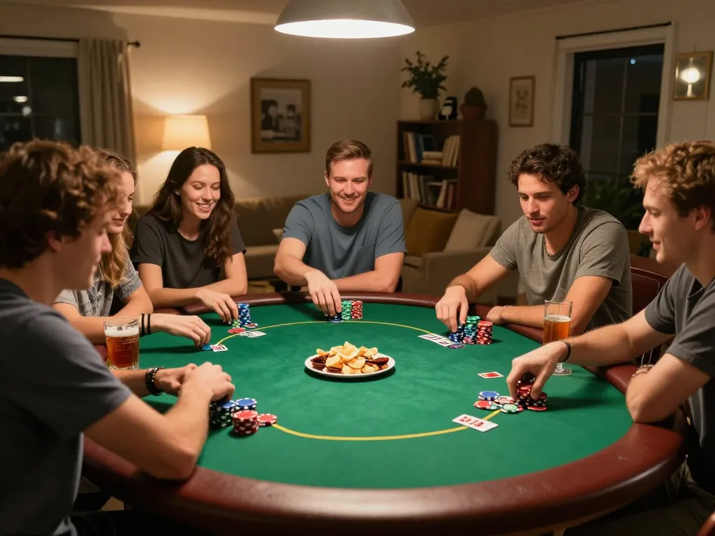 strategi situs togel yang ditampilkan selama malam poker santai di rumah, dengan pemain yang bersemangat beraksi.