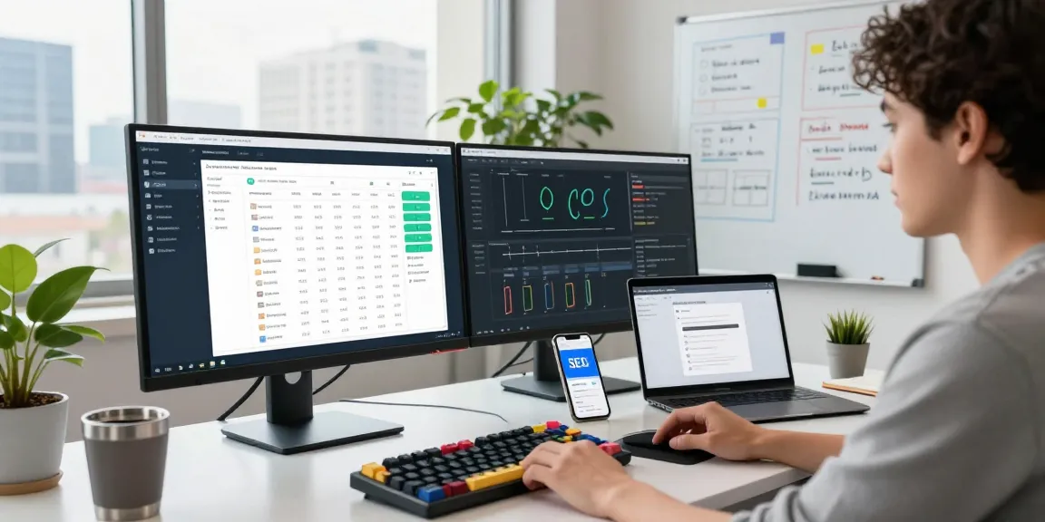 SEO automation specialist analyzing performance metrics in a modern tech workspace with dual monitors and strategic notes.