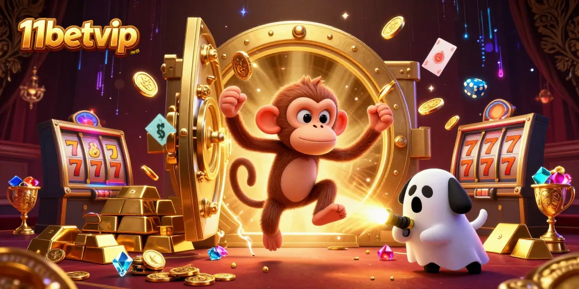 Engage with the animated scene of 11betvip featuring a poltergeist monkey and a ghost-hunter puppy in a vibrant casino.