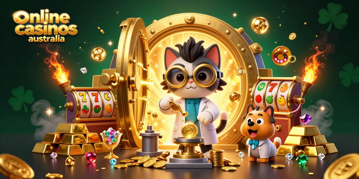 Engage with online casinos Australia featuring a mad scientist cat and loyal dog, immersed in a wealth of gold.