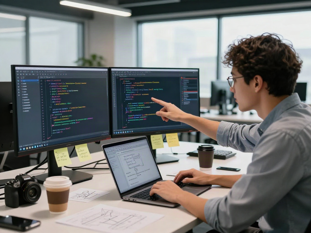 AI Image Detection teamwork in a modern workspace with developers coding and collaborating.
